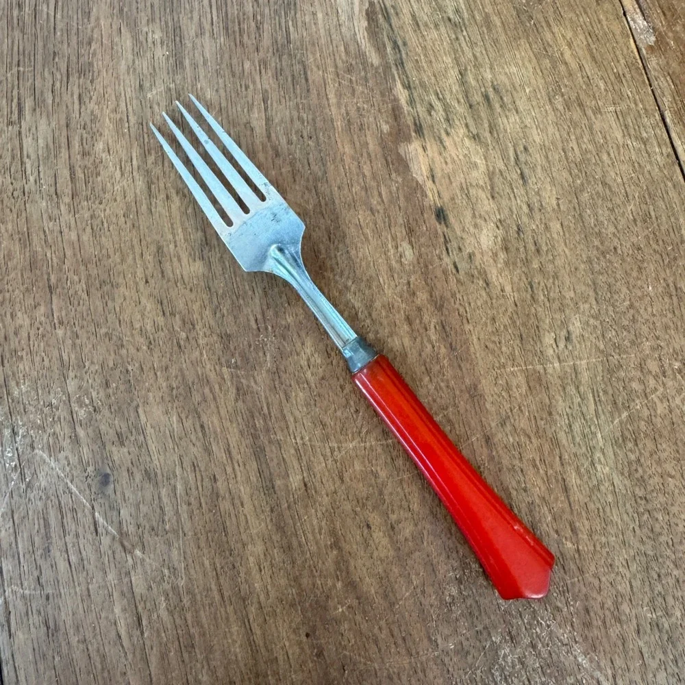 Vintage Sta-Brite Stainless Steel Fork Red‎ Bakelite Handle Made in USA